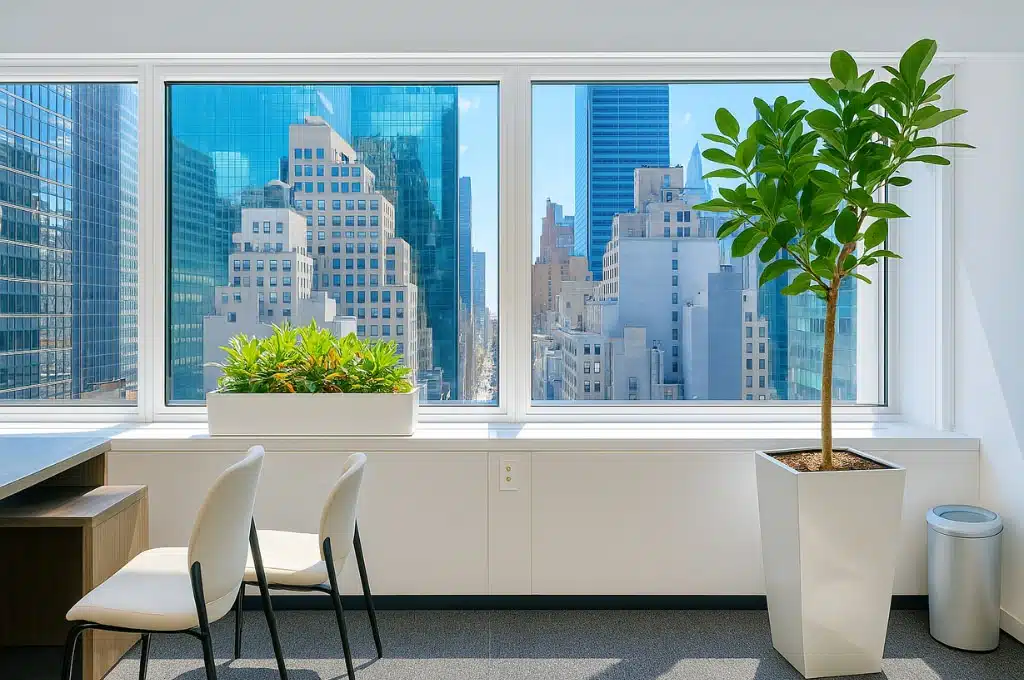 Completed commercial plant installation project featuring low-maintenance greenery in a midtown NYC office.