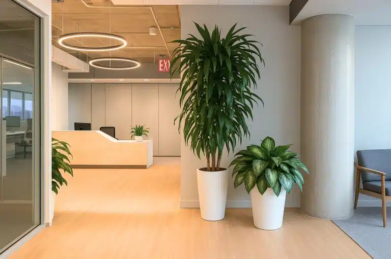 Lush, healthy green plant thriving in a bright Manhattan corporate office setting.