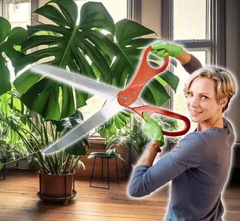 how to prune monstera deliciosa plant Image of large Monstera Deliciosa plant with large pruning scissors