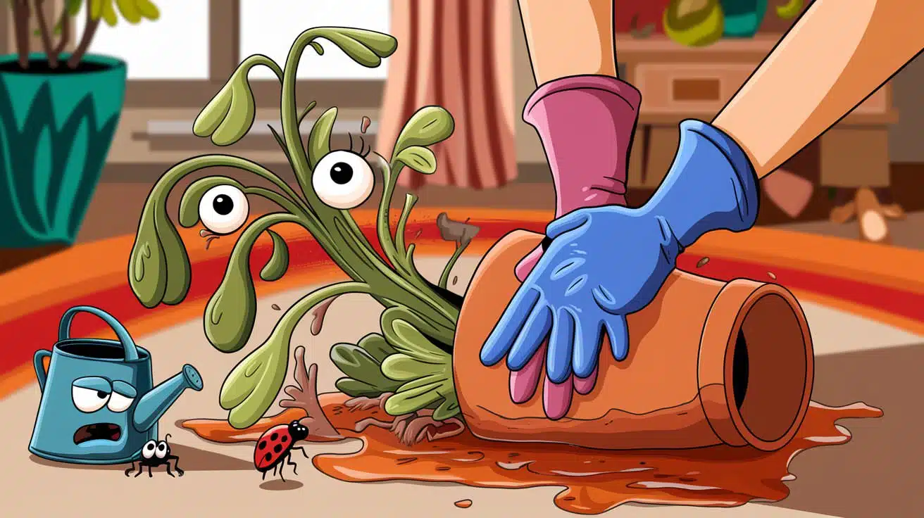 Cartoon illustration of a shocked plant with eyes spilling out of a tipped-over pot as someone's gloved hands attempt to catch it, with a sad-faced watering can and ladybug watching, creating a humorous indoor gardening mishap scene.