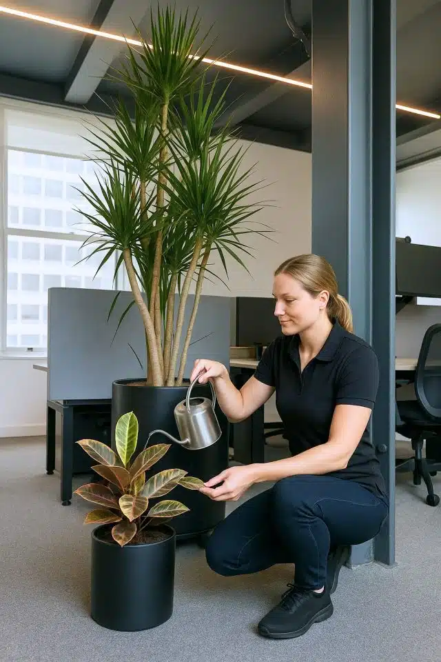 My City Plants technician carefully watering an office plant in a modern Manhattan workspace.