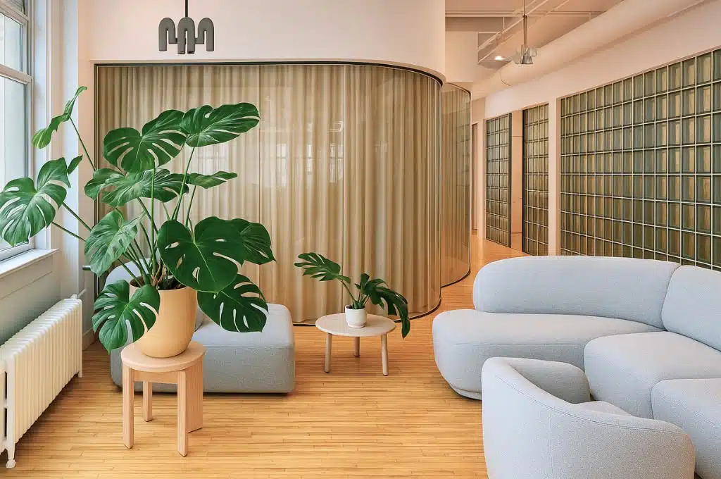 Modern office lounge with green plants, curved glass wall, and cozy seating.