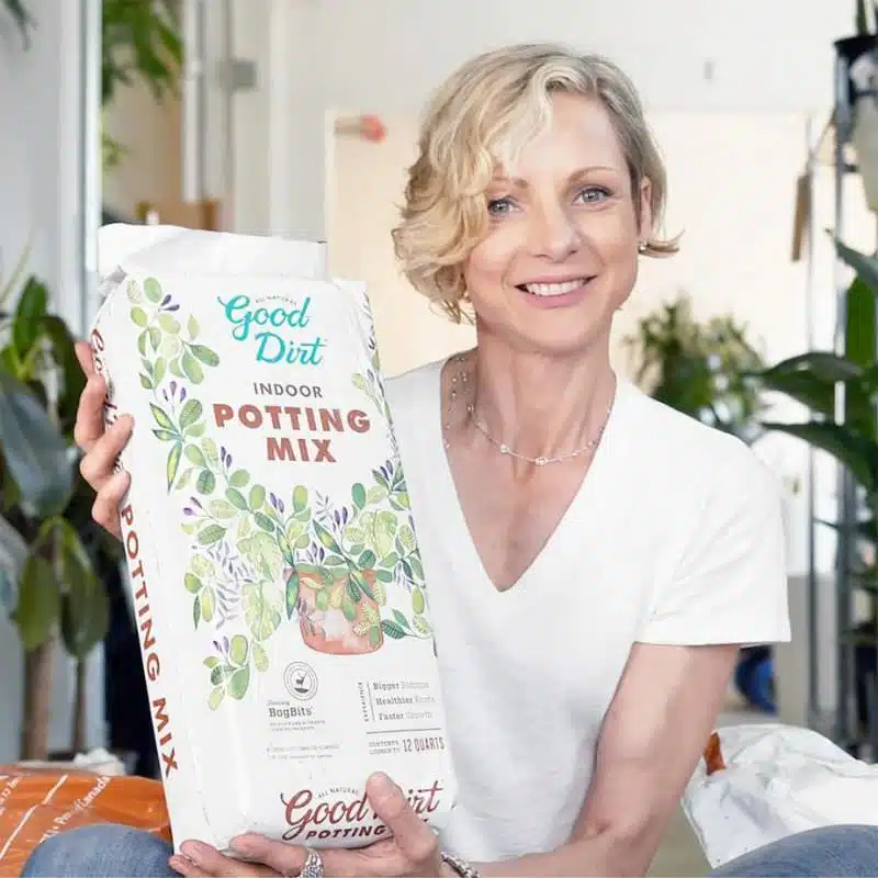 plants potted in highest quality soil – plant shop NCY Image of plant shop owner holding a bag of highest quality potting soil in New York City