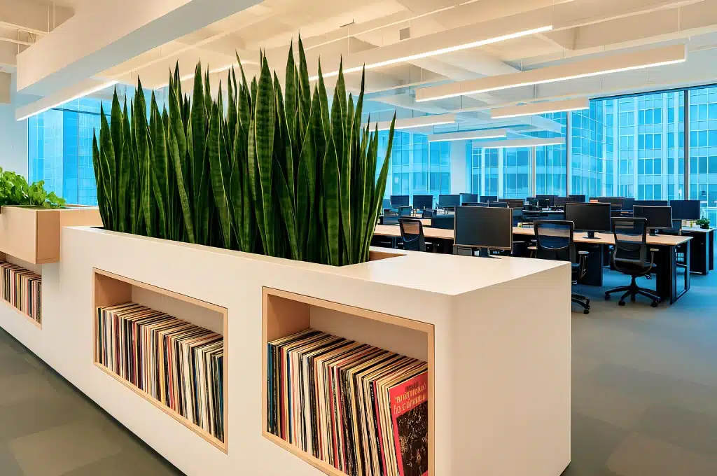 Healthy snake plant in a stylish planter, ideal for simple office plant setup in NYC.